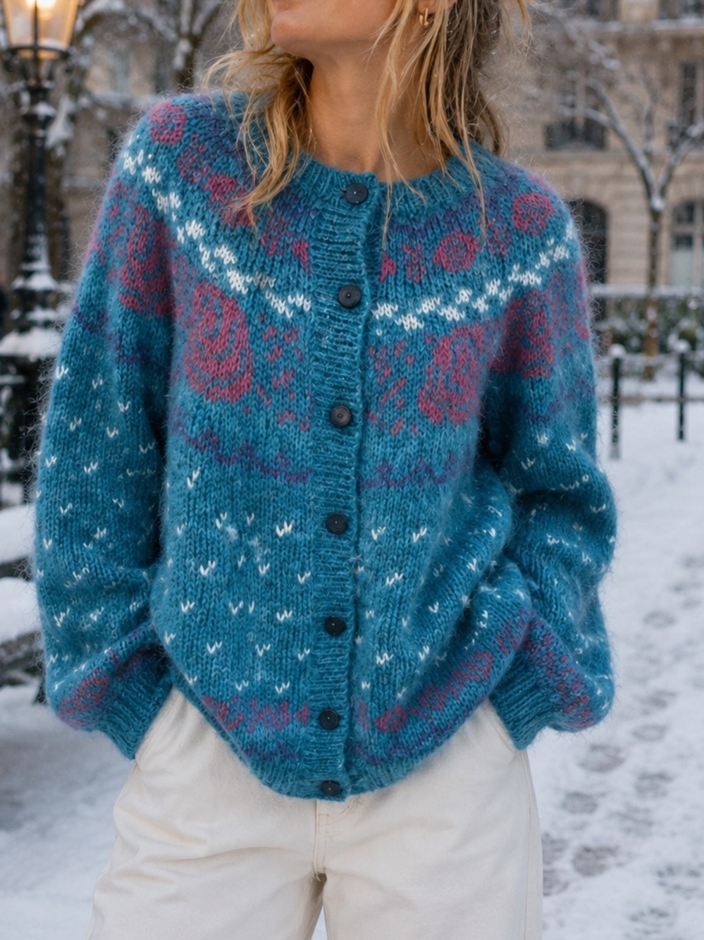 Vintage 80s Teal Nordic Fair Isle Mohair Blend Winter Cardigan Ski Sweater Sz XL